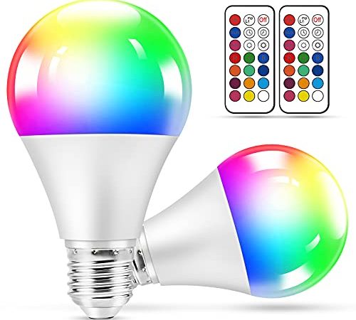 Ampoules LED Couleur, 2 Pack 10W LED Bulbs E27 RGBW Dimmable avec Télécommande, Lampes d'Ambiance avec 7 Niveaux de Luminosité, Fonction de Mémoire et Minuterie pour Maison, Décoration, Bar, Fête