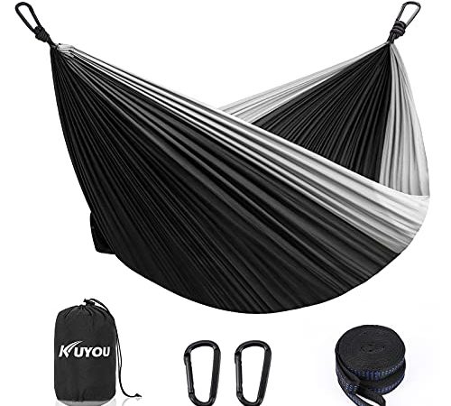 Hamac d'extérieur ultra léger avec revêtement en corde, charge maximale de 300 kg (300 x 200 cm), respirant, en nylon parachute à séchage rapide, hamac pour extérieur et jardin (noir/gris)