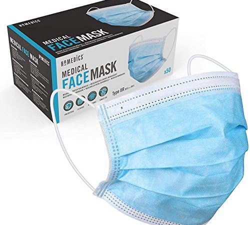 Homedics 50 Masques médicaux jetables 3 plis - 3 couches de protection – Masques chirurgicaux de haute qualité avec Filtration antibactérienne – Masque medical IIR 3 plis