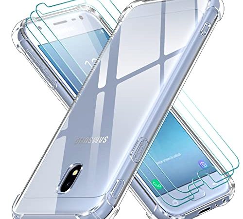 ivoler Coque pour Samsung Galaxy J3 2017 avec 3 Pièces Protection Écran en Verre Trempé, Transparent Étui de Protection en Silicone Antichoc, Mince Souple TPU Bumper Housse