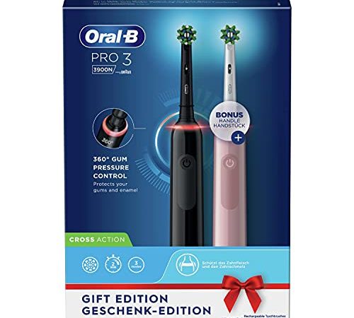 Oral-B Pro 3000 Brosse À Dents Électrique Rechargeable Avec 2 Manches Capteur De Pression Et 2 Brossettes Crossaction, Technologie 3D, Noir Et Rose, Élimine Jusqu’À 100 % De Plaque Dentaire