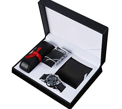 POHOVE Coffret cadeau avec portefeuille et ceinture - 3 pièces - Tendance - Pour la Saint-Valentin - En polyuréthane - Pour père, petit ami, montre-bracelet, mari - Noir