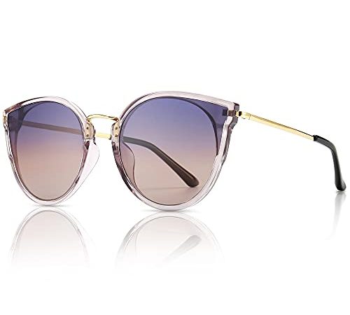 SUNGAIT Femmes Oeil de Chat Lunettes de Soleil Polarisées Vintage Surdimensionné UV-Protection Lunettes de Soleil(Cadre Gris Transparent/Lentille de Gradient Pourpre)