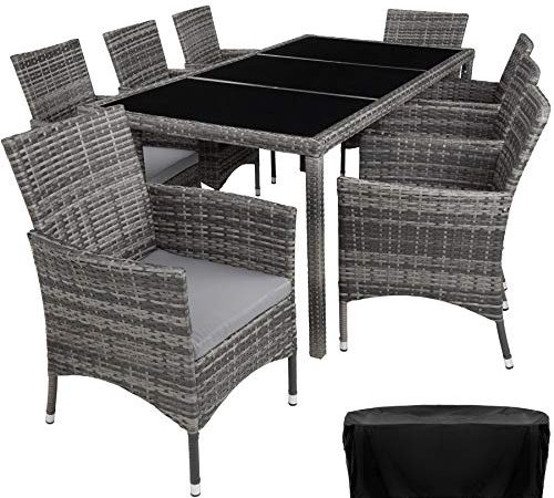 TecTake 800798 Salon de Jardin Extérieur en Résine Tressée Poly Rotin 8 Places Fauteuils Table Housse de Protection – Diverses Couleurs (Gris)