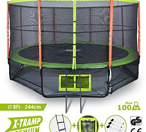 X-TRAMP Premium - Trampoline d'Extérieur pour Enfant - XT-X0801 - Trampoline Rond avec Echelles, Filet de Sécurité Zippé & Filet à Chaussures - Structure en Acier Galvanisé - Jusqu'à 100kg - Ø 244cm