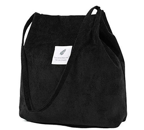 ZhengYue Sac Velours côtelé Dames Fille Lavable réutilisable Sac Transport Grand Sac à bandoulière Sac à Main Shopper pour école Travail Plage Voyage(Noir)