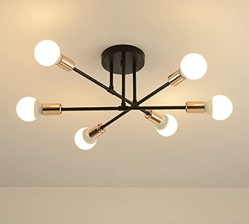 ZYDTRIP Plafonnier Moderne, 6-Lumières Lampe Vintage, Industriel Lustre Suspension E27 pour Salon Chambre Cuisine (Noir et or)