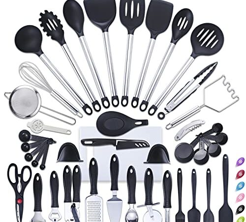 42 Pièces Set d'Ustensiles de Cusine en Silicone Nylon, Kit Ustensiles de Cuisine en Acier Inoxydable, Set d'Ustensiles de Cusine Ensemble Comprend Spatule, Cuillère Noir