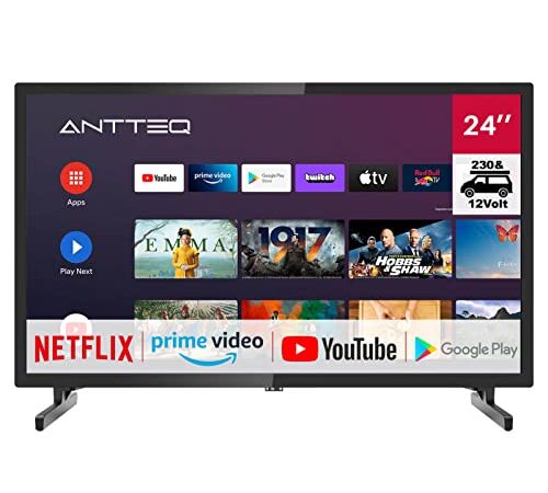 AntteQ AG24N1C Android TV 24 pouces (61 cm) Smart TV avec adaptateur de voiture 12V, Google Assistant, Chromecast, Netflix, Prime Video, Disney+, Wifi, Triple Tuner, Android TV 11,230V/12V