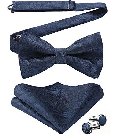 HISDERN Noeud Papillon Homme Bleu et Mouchoir Ensemble Pré-noué Nœuds papillons à Paisley Fleurs et Boutons de Manchette pour la Noel Fête Mariage,Bleu Foncé