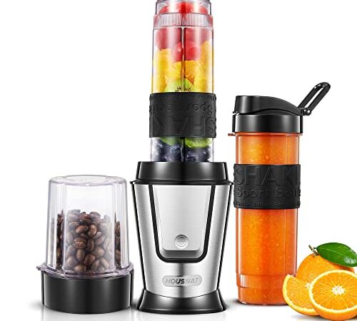 HOUSANT Blender Smoothie 3 en 1, Mini Blender Mixeur avec 280ml Moulin à café et 2*570ml Bouteille de smoothie portable, 29000RMP, pour smoothies, milkshakes, jus, nourriture pour bébé, 500W