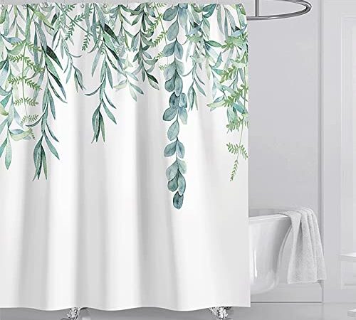 KAONESS Rideau de Douche Ètanche Anti-Moisissure Rideau Salle de Bain Polyester Impression Plante Feuille Verte Lavable avec 12 Crochets en C pour Domicile Baignoire Cabine de Douche( 180CM x 200CM )