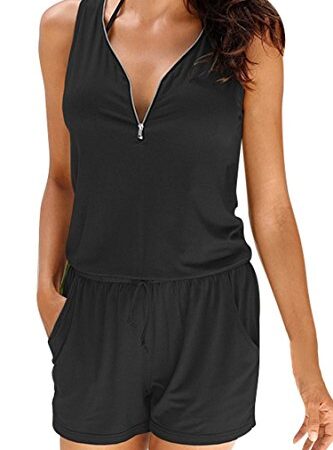 Landove Combishort Femme Été Zippée Col en V Taille Elastique Combinaisons sans Manches Jumpsuit Salopette Courte Playsuit Romper Casual