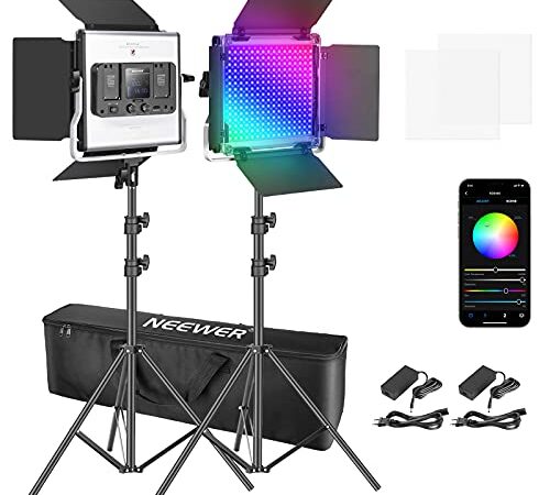 Neewer 2 Packs 480 RGB LED Lumière avec APP Contrôle, Kit d'Éclairage de Photographie avec Supports, 3200K-5600K 480 LED SMD CRI95, Luminosité 0-100%, 0-360 Couleurs Réglables, 11 Scènes Applicables