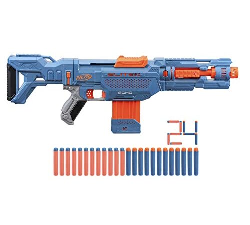 Nerf Elite 2.0, Blaster Echo CS-10, 24 fléchettes Nerf, Chargeur 10 fléchettes, Crosse Amovible et rallonge de Canon, 4 Rails Tactiques