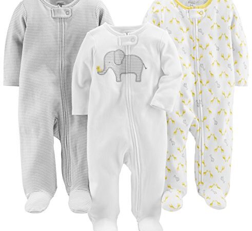 Simple Joys by Carter's Combinaison en Coton Qui Couvre Les Pieds, pour Jour et Nuit Mixte Bébé, Lot de 3, Éléphant/Rayures/Girafe, 0-3 Mois