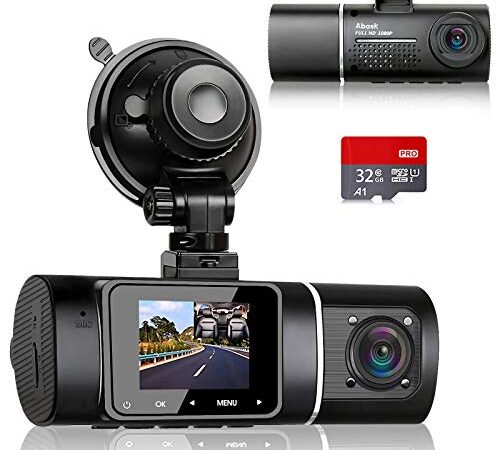 Abask Dashcam Vision Nocturne IR, Caméra de Voiture avec 32G Carte SD, Double 1080P Dash Cam, Grand Angle à 310°, Capteur G, Enregistrement en Boucle, Moniteur de Stationnement, Détection de Mouvement