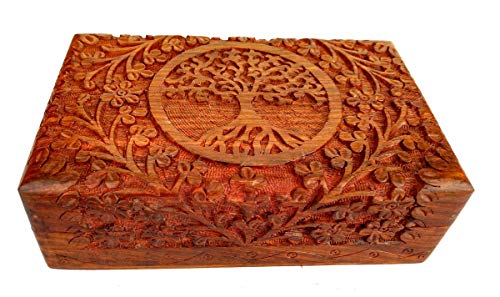 Ajuny Boîte à bijoux en bois indien faite à la main avec motif d'arbre de vie - 20 x 12,7 x 6,3 cm
