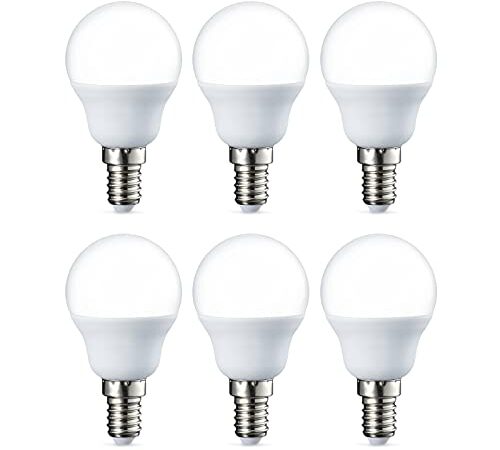 Amazon Basics Lot de 6 petites ampoules LED rondes P45 Culot Edison à vis E14 5,5 W (équivalent 40 W) Blanc chaud Intensité non variable