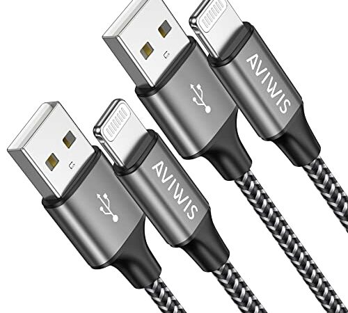 AVIWIS Cable iPhone Chargeur iPhone [3M/Lot de 2] Certifié MFi Câble Lightning Nylon Tressé Fil Lightning Charge Rapide Cordon pour iPhone 13 12 11 Pro Max Mini XR XS X 8 7 6 Plus 6s 6 SE 2020 Gris