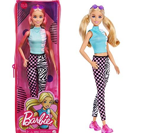 Barbie Fashionistas poupée mannequin #158 aux couettes blondes avec legging à motifs damier et zèbre, jouet pour enfant, GRB50