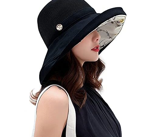 Chapeaux de soleil en maille pour femme - Protection UV UPF - Pliable - Large bord - Mentonnière, noir, Taille M