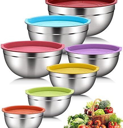 DaiWeier Lot de 7 Bol Acier Inoxydable avec Coloré Couvercles, Bols Mélangeurs , Saladiers, Empilable pour Un Stockage Minimal, Cuisson Essentiel Ustensiles de Cuisine