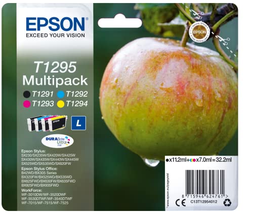 Epson Multipack T1295 Pomme, Cartouches d'encre d'origine, 4 couleurs : Noir, Cyan, Magenta, Jaune, WF-3010DW WF-3520DWF WF-7015 WF-7525 BX305F BX310FN BX320FW B42WD BX535WD BX630FW BX925FWD BX935FWD