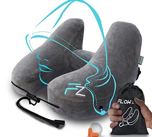 FLOWZOOM Coussin Gonflable de Voyage Coussin Voiture | Oreiller de Voyage | Coussin de Voyage Adulte | Coussin Avion avec Capuche | Oreiller Gonflable Rapide, Gris