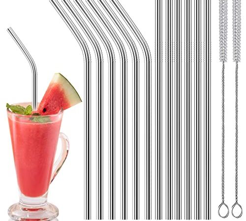 Gvolatee Paille Inox Reutilisable 12 Pcs (6 Droites + 6 Courbées), Pailles Bubble Tea 21cm avec 2 Brosses de Nettoyage, Paille Metal pour Cocktails, Lait Glacé, Thé, Milkshakes, Café Glacé