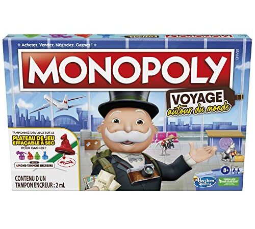 Hasbro Gaming Monopoly Voyage Autour du Monde, pour Famille et Enfants, dès 8 Ans, avec pions-tampons encreurs et Plateau effaçable à Sec