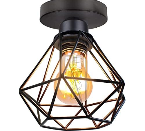 iDEGU Plafonnier Industrielle en Métal Cage Carré, Lustre Abat-jour Fer Luminaire E27 40W Noir pour Salon Chambre Bar (Diamant 16CM 1 Pack)