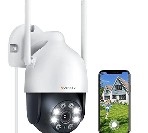 Jennov Caméra Surveillance WiFi Extérieure sans Fil, 2K Caméra de Sécurité Extérieure Pan/Tilt Vue à 360°avec Vision Nocturne, Détection de Mouvement, Audio Bidirectionnel, Étanche IP66