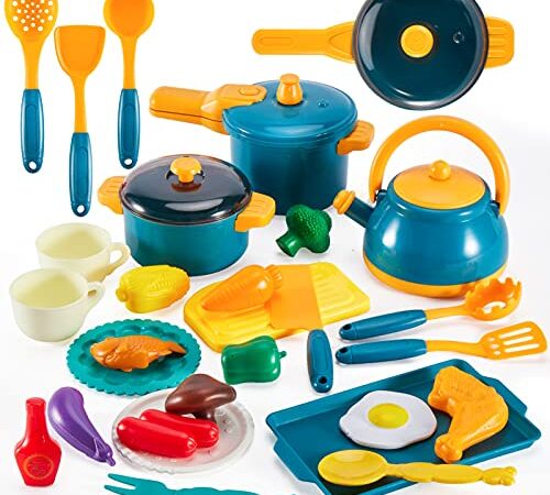 LINFUN KIDS Jouet Accessoire Cuisine Enfant Ustensile avec Casseroles et Poêles Aliment Jouet Dinette Jeu de Rôle Éducatifs Cadeau pour Filles Garçons 3 4 5 Ans