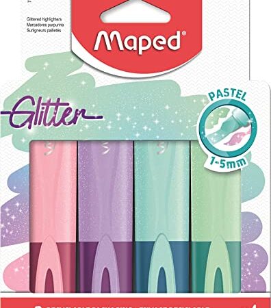 Maped - Pochette de 4 surligneurs Fluo’Peps Classic Glitter - Surligneurs à paillettes - 4 coloris : bleu, vert, violet et rose - Boite en carton recyclable