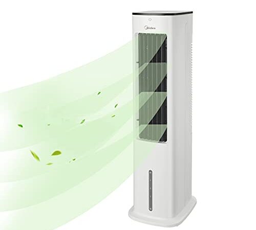 Midea Climatiseurs portables silencieux 4-en-1,Refroidisseur d'air, ventilateur, humidificateur, purificateur d'air, avec télécommande, réservoir d'eau 5 l, débit d'air 355 m³/h, écran LED, minuterie