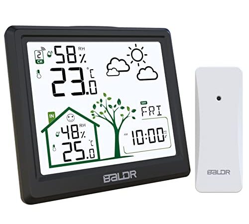 Station Météo Sans Fil avec Capteur , Homradise Écran de 4,9 pouces Thermomètre Numérique Intérieur et Extérieur avec Prévisions Météo, Affichage de l'heure, Réveil et Veilleuse pour la Maison