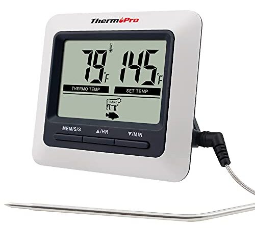 ThermoPro TP04 Thermomètre de Cuisine Numérique avec Sonde Grand Écran LCD Minuteur et Température Préréglée Thermomètres pour Cuisson au Four, le Barbecue et la Viande