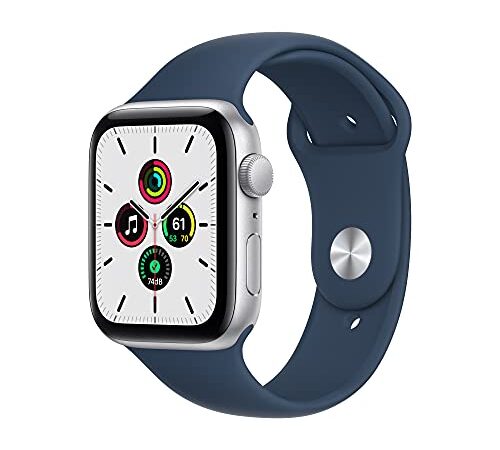 Apple Watch SE (1ʳᵉ génération) (GPS, 44mm) Montre connectée - Boîtier en aluminium argent , Bracelet Sport bleu abysse - Regular. Suivi de la forme physique et de l’activité