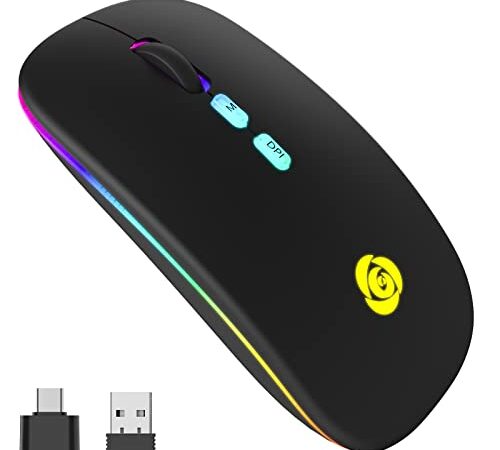 Bluetooth Souris,Souris Muette sans Fil avec Récepteur USB de Type-C Récepteur USB à 7 Couleurs à 2,4 GHz,Souris Wireless Mince 3 DPI 800/1200/1600 Compatible avec PC/Laptop/Windows (Black)