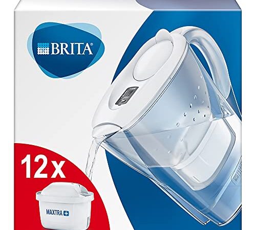 BRITA Carafe filtrante Marella blanche (2,4l), 12 filtres MAXTRA+ inclus, réduit le calcaire, le chlore et le plomb pour une eau du robinet plus pure – dans emballage Smart Box durable