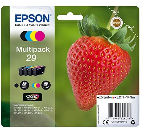 Epson Multipack 29 Fraise, Cartouches d'encre d'origine, 4 couleurs: Noir, Cyan, Magenta, Jaune, XP-235 XP-243 XP-245 XP-247 XP-255 XP-257 XP-332 XP-335 XP-342 XP-345 XP-352 XP-355 XP-432 XP-435