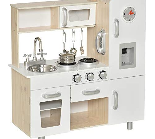 HOMCOM Cuisine Bois Jeu d'imitation - Cuisine Enfant - Nombreux Accessoires & rangements Inclus - MDF pin Blanc chêne Clair