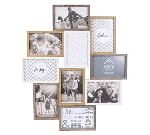 HOME DECO FACTORY - HD4213 - Cadre Photo Multiple Pele-Mele 10 Vues Bois et Blanc deco Souvenir - Beige Marron