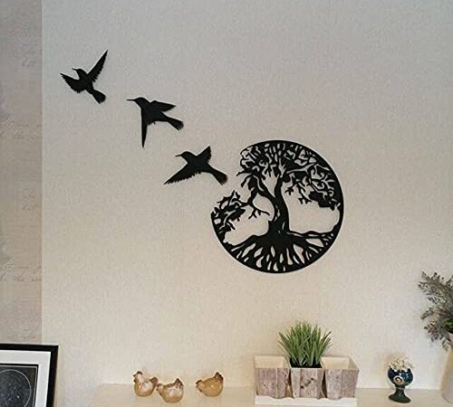 HQL 11,8" Art Mural Arbre de Vie Noir en métal - Sculpture Murale 3 Oiseaux Volants - Décorations intérieures et extérieures pour la Chambre à Coucher, décoration Murale Ronde Moderne