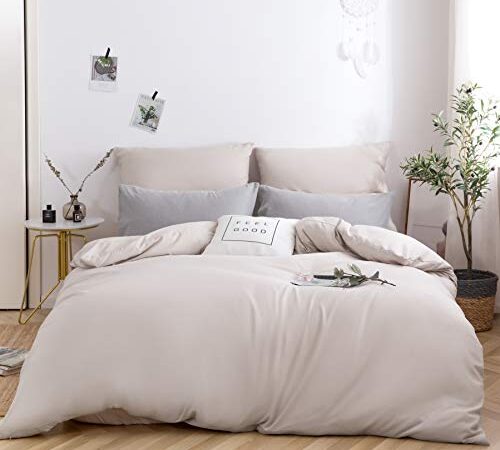 MOHAP Housse de Couette 220x240cm+2 Taies d'oreillers 65x65cm Beige Parure de Lit Adulte 2 Personnes 100 Fils/cm² en Microfibre avec Fermeture Éclair