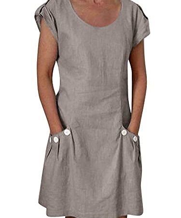 ORANDESIGNE Robe Femme Ete Couleur Unie Chic Manche Courtes Tunique Casual Grande Taille Robe Lin Col Rond Midi Dress Robe de Plage Gris FR 46