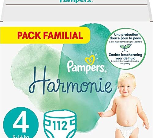 Pampers Couches Taille 4 (9-14 kg), Harmonie, 112 Couches Bébé (Lot de 4 x 28), 0% de compromis, 100% d'absorption, Ingrédients d'origine végétale, Hypoallergéniques