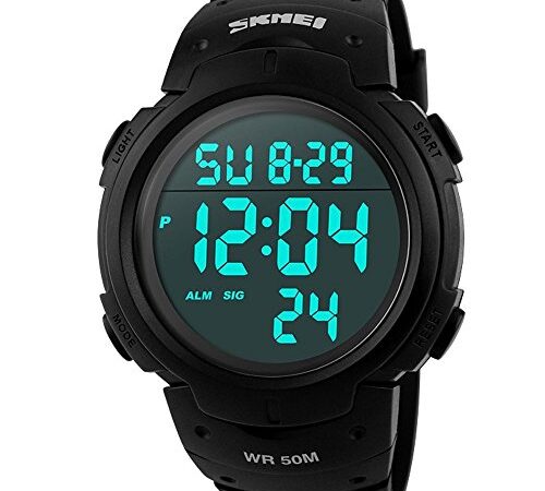 SunJas Montre de sport étanche à 50 m, montre numérique à LED, alarme, calendrier, montres pour hommes, femmes, garçons, montre analogique multifonction universelle, noir