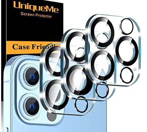 UniqueMe [3 Pièces] Caméra Protection Compatible avec iPhone 13 Pro/iPhone 13 Pro Max, Ultra HD Caméra Arrière Protecteur [9H Dureté] Ultra Résistant Film Verre Trempé [Facile à Installer].